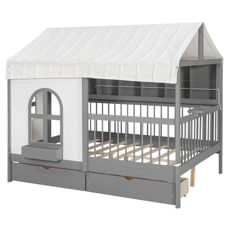 Full-Size House Bed with Bookshelf, USB Charging Station & Tent Roof by Harper&Bright Designs