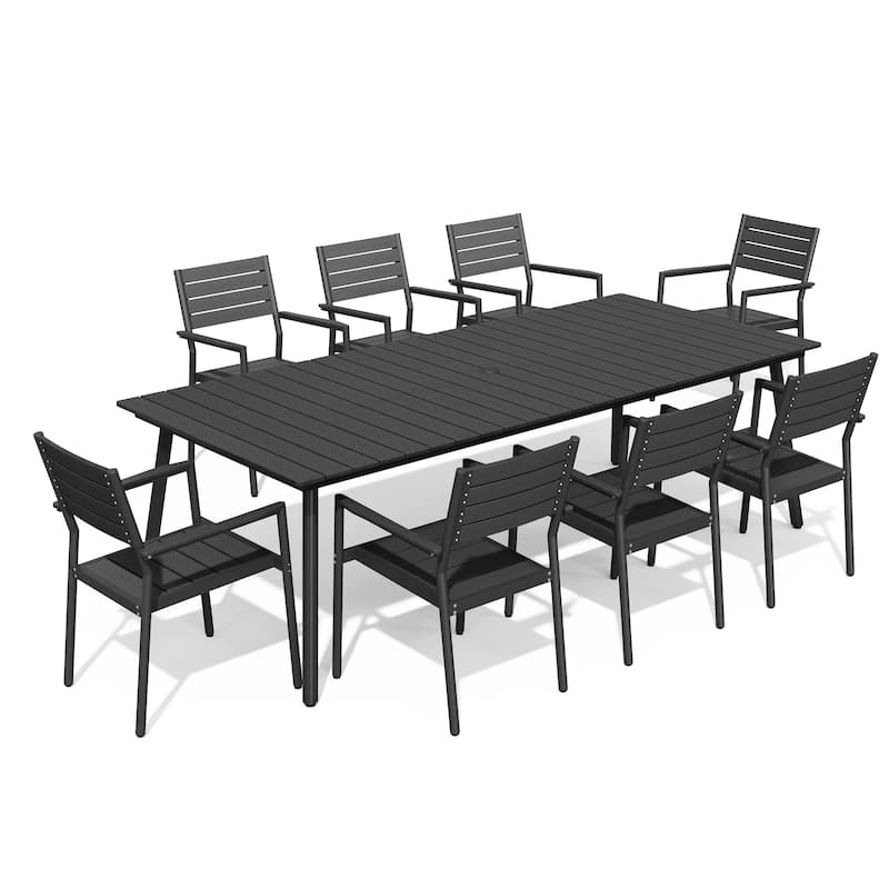 Outdoor Aluminum Rectangle 9-piece Patio Dining Set with Umbrella Hole and Chairs