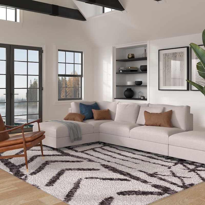 Jesee White and Dark Gray Polyester Area Rug - 6' x 9'