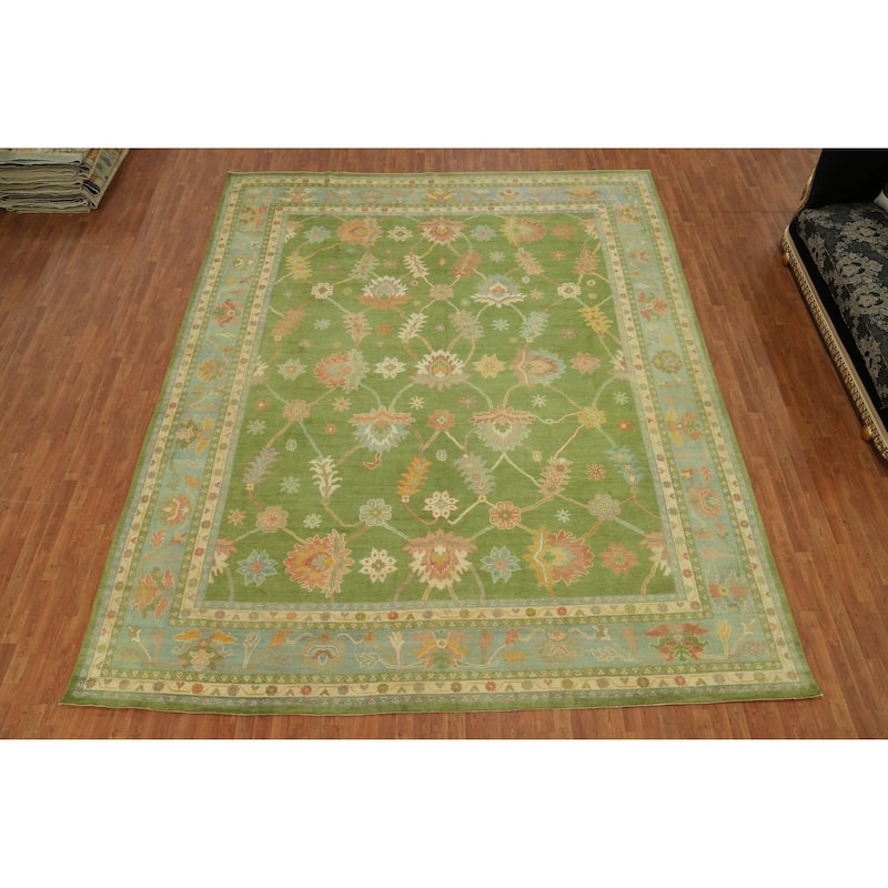 Floral Green Oushak Vegetable Dye Large Rug, Floral Geometric Carpet - 14' 10'' X 11' 10''