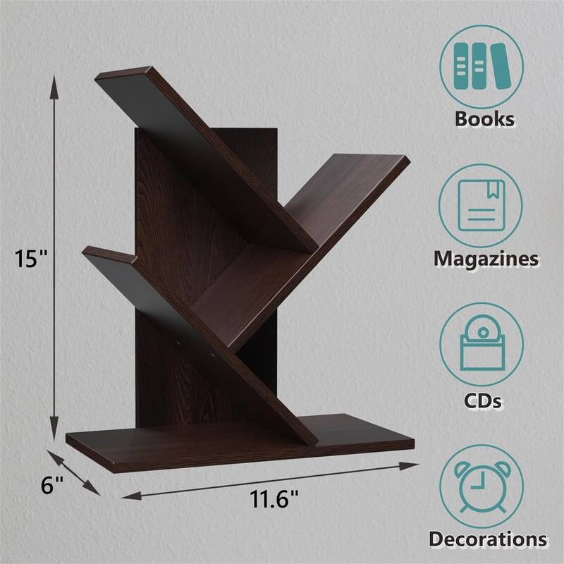 3 Tier Small Tree Bookshelf Desk Book Organizer Narrow Bookcases for Books - 11.6"D x 6"W x 15"H