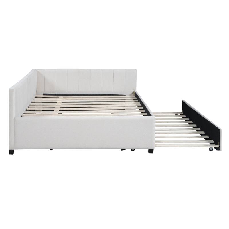 L-Shaped Backrest Daybed Upholstered Daybed Frame Classic Wood Slats Design with 2 Storage Drawers or Trundle, Full Size