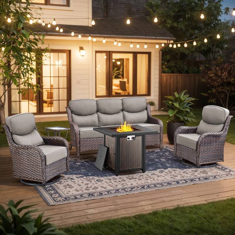 Pocassy 30 Inch Fire Pit Table with Sofa Swivel Chair Set - Gray Cushion Brown Wicker - 5-Piece Sofa Siwvel Chair Table w/ Fire Pit Table