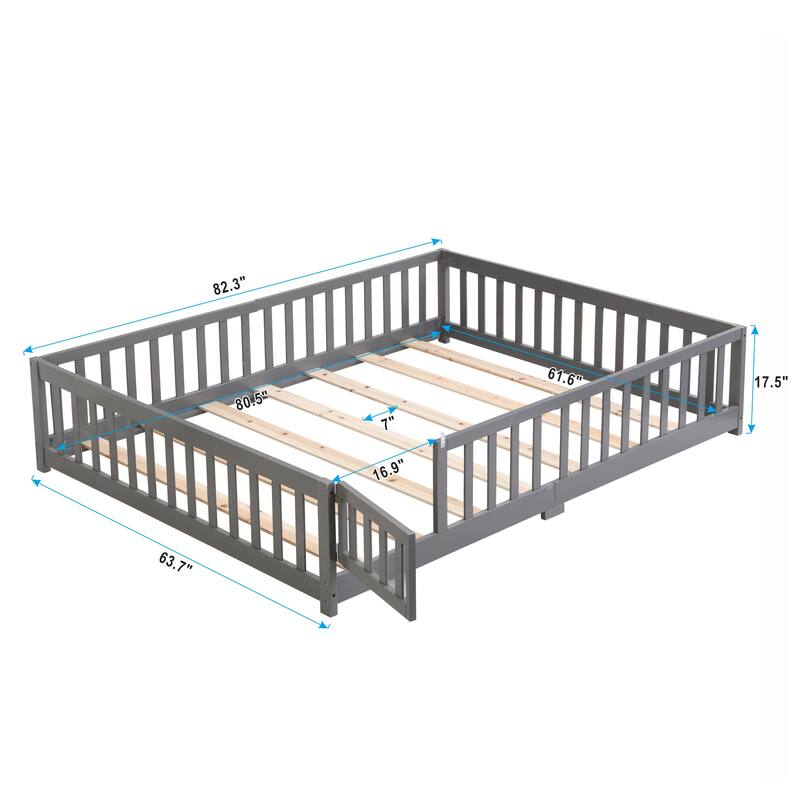 Full Size Floor Bed with Door, Solid Wood Platform Bed Frame with Fence, Suitable for Children, Pine Wood