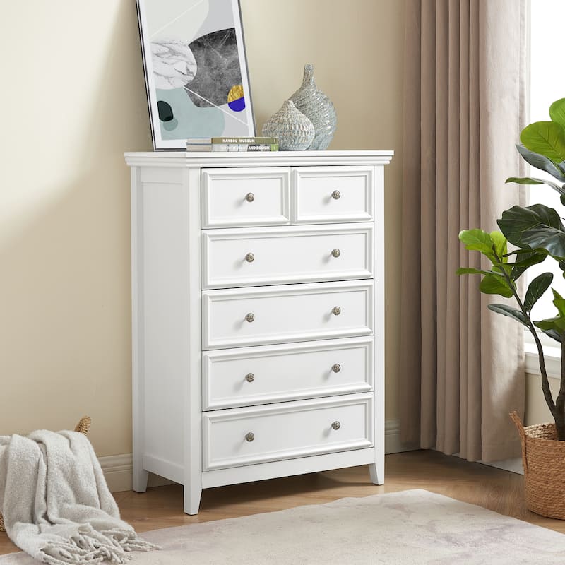 Crisp White 6-Drawer Dresser, Elegant Living Room Storage Solution