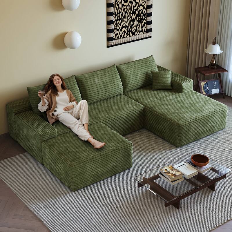 Sofa 107-in Casual Green 3 -seater Right Reclining Sectional with 1 Ottoman - 8' x 10'