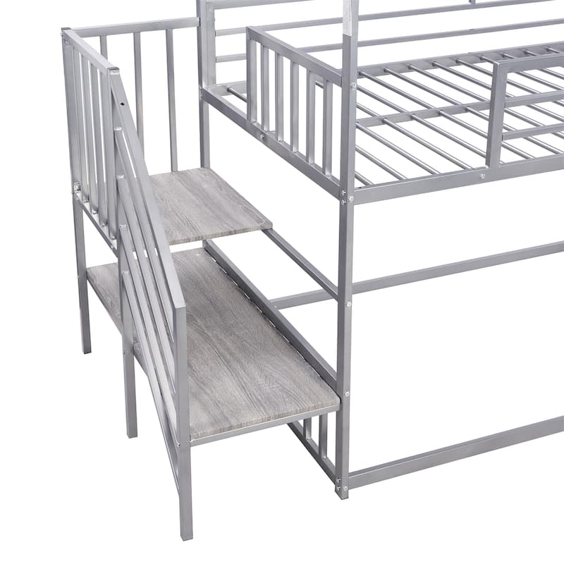 Twin over Twin Metal Bunk Bed House Bed with Slide and Staircase in Silver