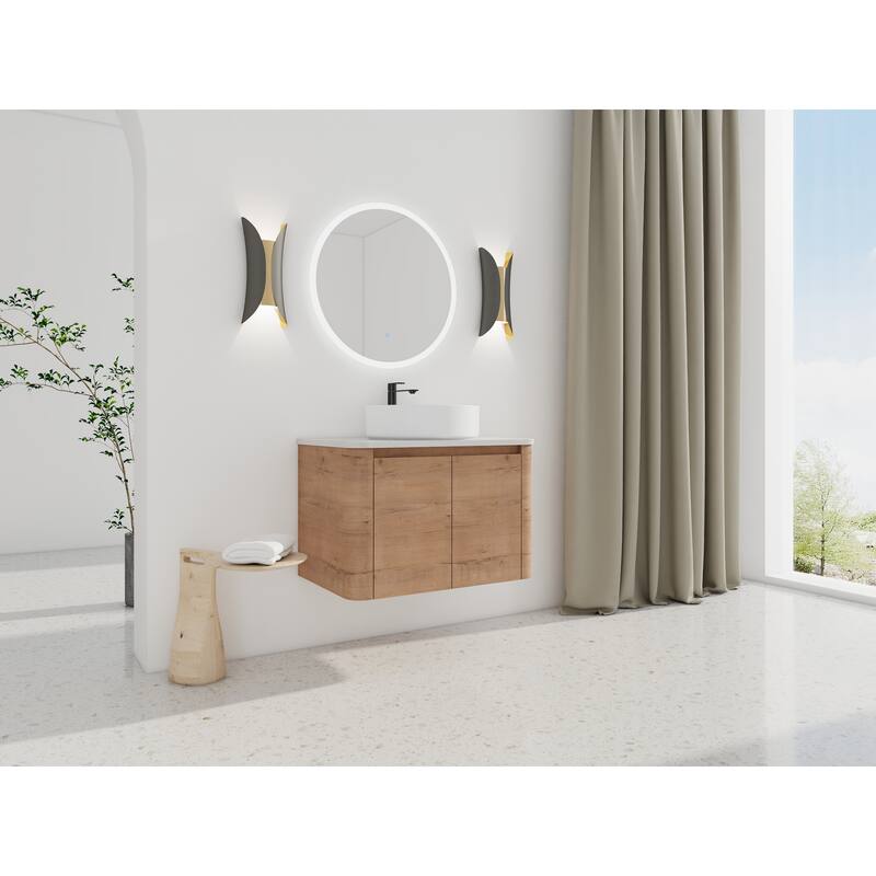 30'' Wall-Mounted Bathroom Vanity With Ceramic Art Sink & 2-Soft-Close Door, KD-Packing, Plywood
