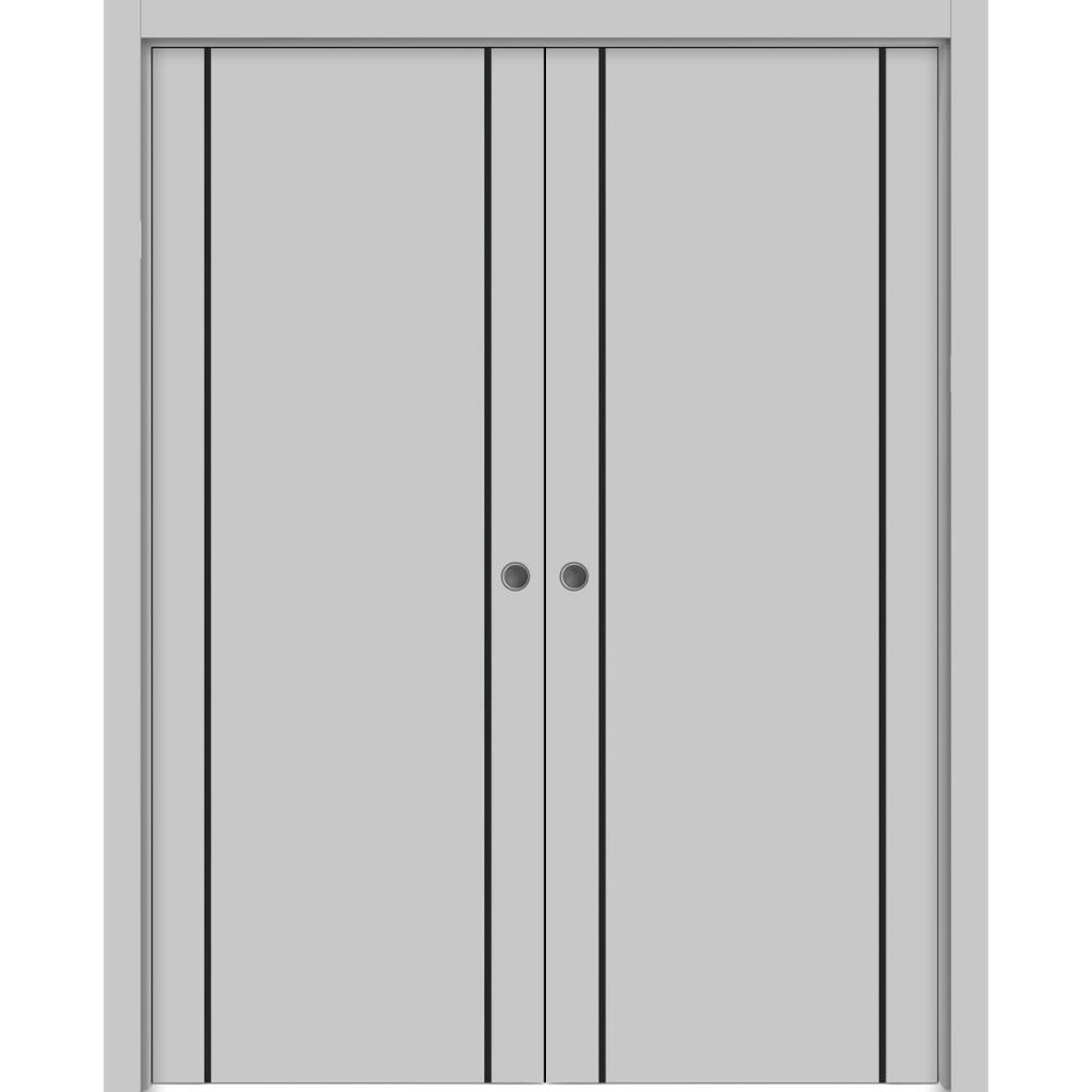 French Double Pocket Doors 36x80 Planum 0016 Grey Matte Kit Trims Rail