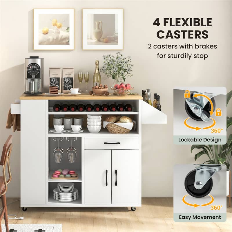 Gymax Drop-Leaf Kitchen Island Cart w/ Power Outlet Wine Rack Glass