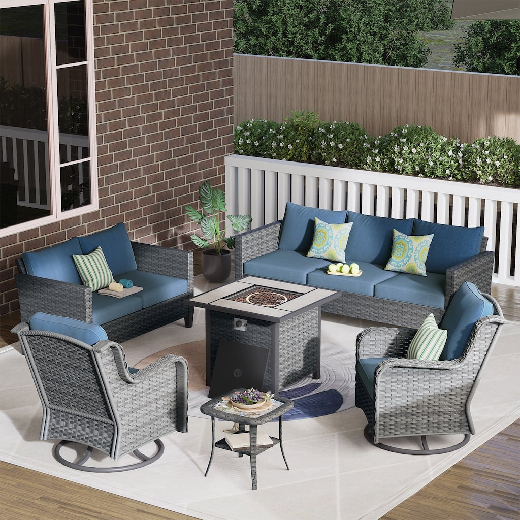 OVIOS 6-Piece Outdoor Wicker Patio Fire Pit Furniture Set with Swivel Chairs