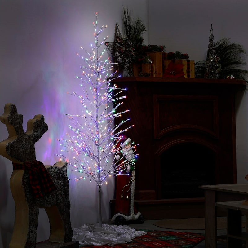 Alpine Corporation 65"H Indoor/Outdoor Pre-Lit Silver Foil Christmas Tree with Yard Stake and 360 LED Lights