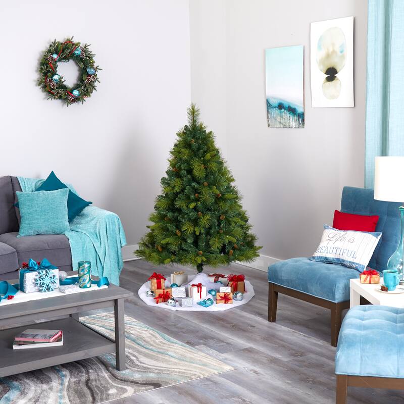 5' North Carolina Mixed Pine Artificial Christmas Tree with 200 Warm White LED Lights, 711 Bendable Branches and Pinecones
