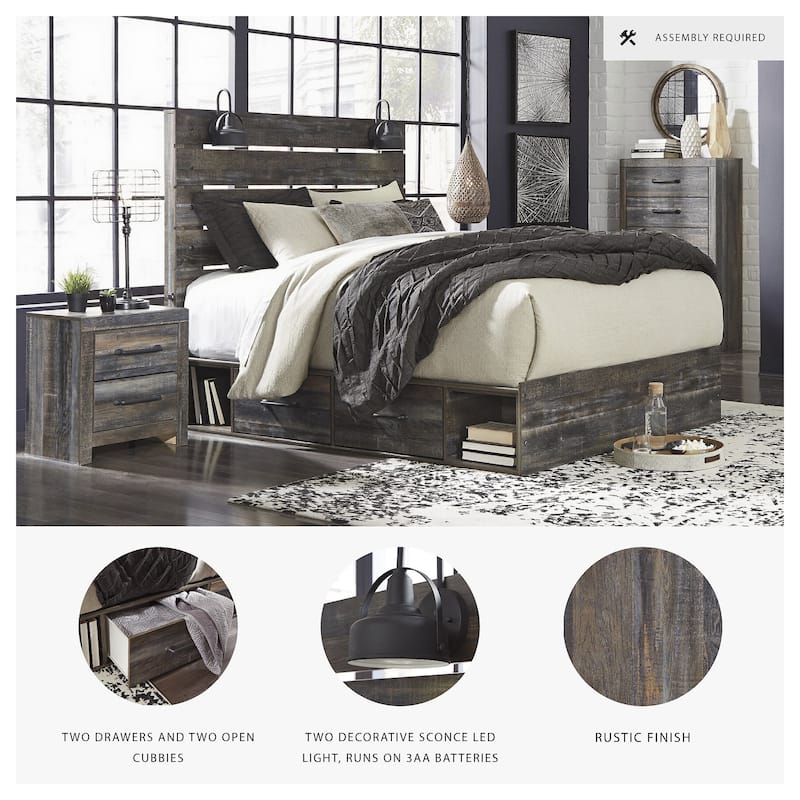 Drystan Rustic Brown Panel Bed with 2 Under Bed Storage Drawers