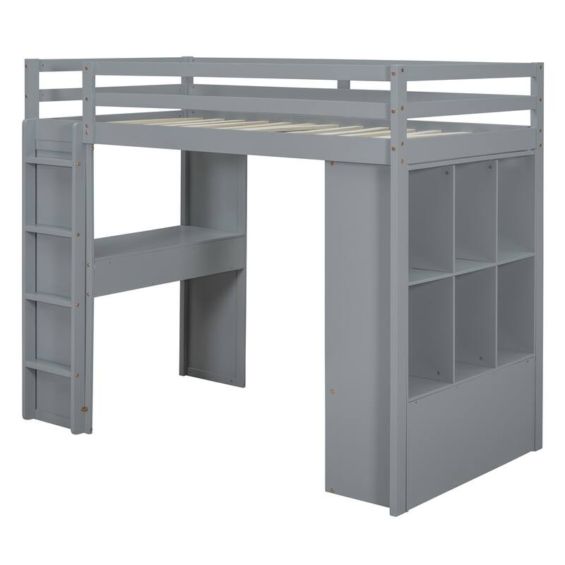 Twin Loft Bed with Shelves, Desk, and LED Light in Gray