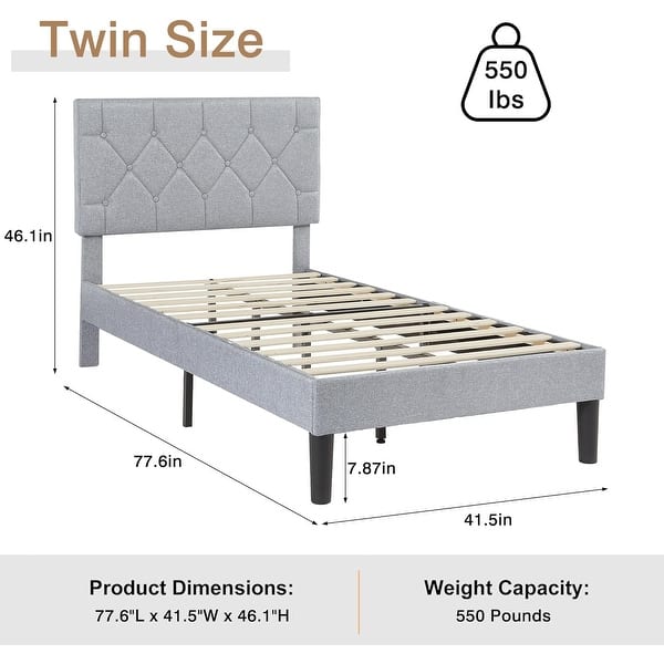 dimension image slide 1 of 6, VECELO Upholstered Kids Bed Frame with Diamond Tufted Headoard,Twin Size Bed Set of 2