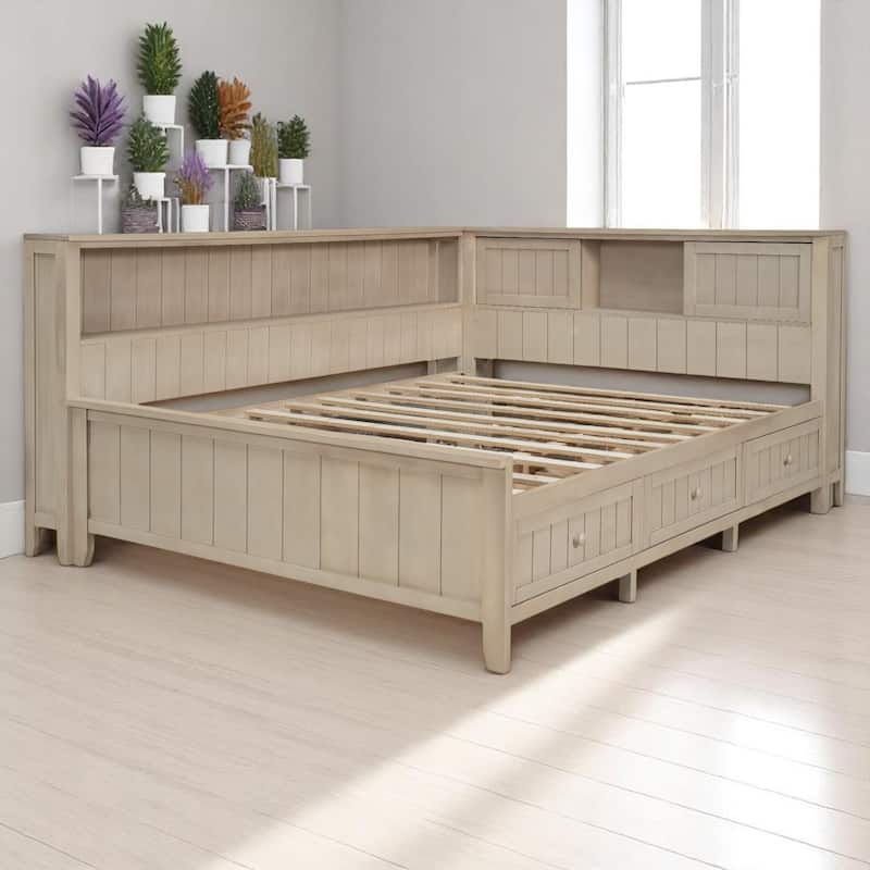 Full/Twin Daybed with Storage Shelves and 3 Drawers, Antique White Milk Farmhouse Platform Bed Frame, No Box Spring Needed