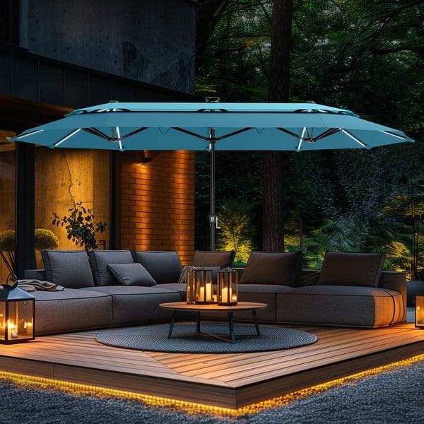 layered patio umbrella Ainfox 13ft Outdoor Two Layers With Umbrella Base Gray quality fabric blocks harmful UV rays and resists water California Umbrella SDAU908-900-56000 Champagne/Sunbrella/Dolce Mango