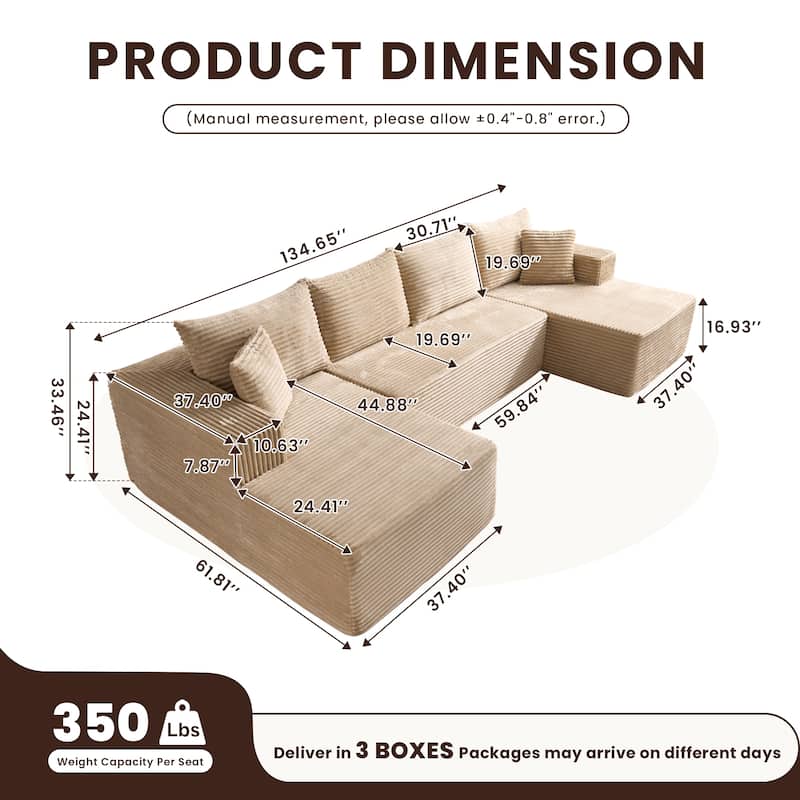 HOOOWOOO Modern Push Corduroy Fabric Sectional Sofa Couch with Pillows