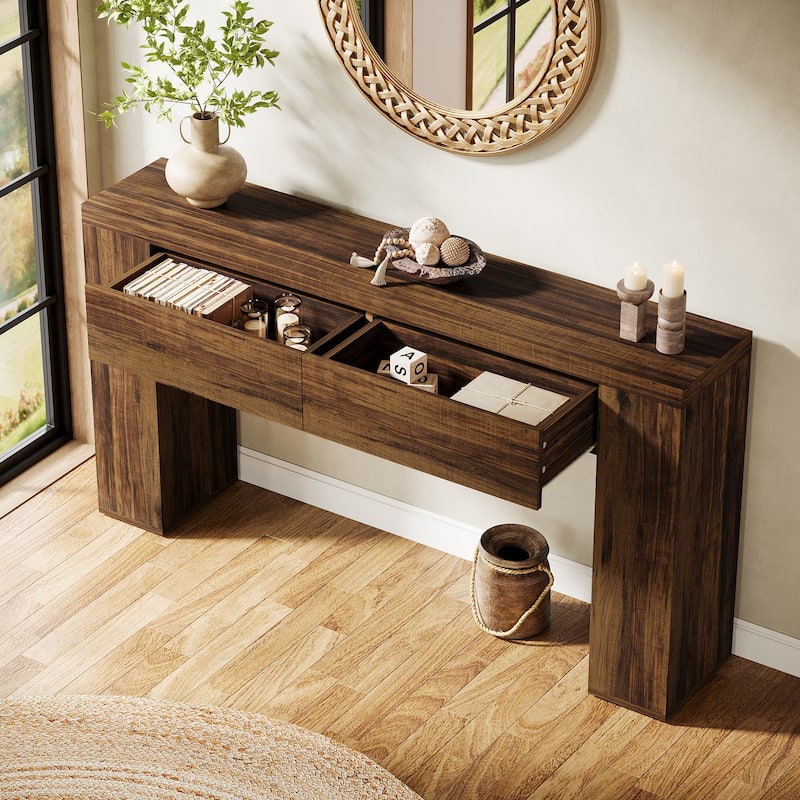 63-Inch Wooden Console Table with 2 Hidden Drawers, Sofa Table for Living Room, Hallway, Entrance, Foyer - RusticBrown