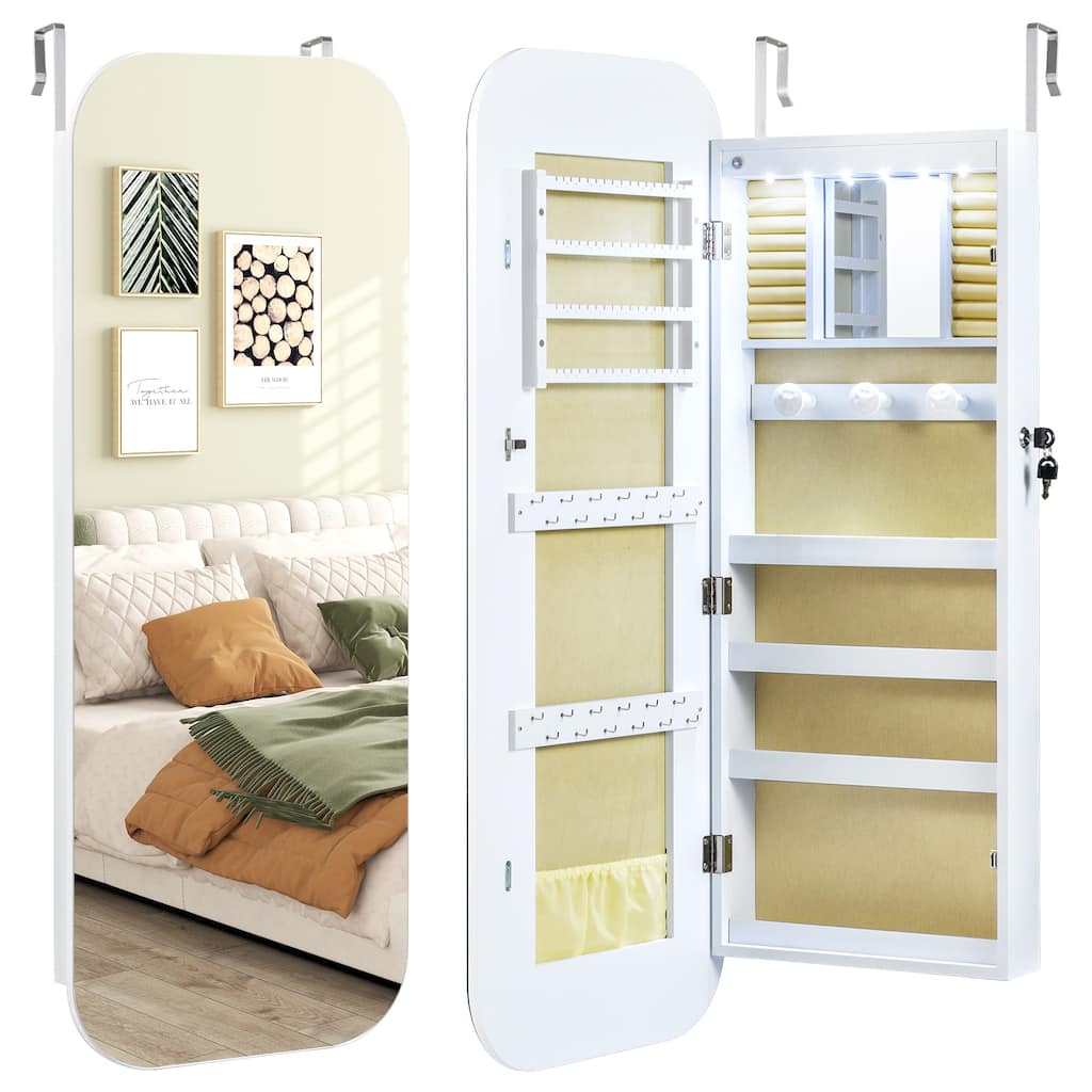 Wall Mounted or Door Hanging Jewelry Cabinet with LED Lights and Full-Length Mirror White - 16.5" x 10" x 42.5" (L x W x H)