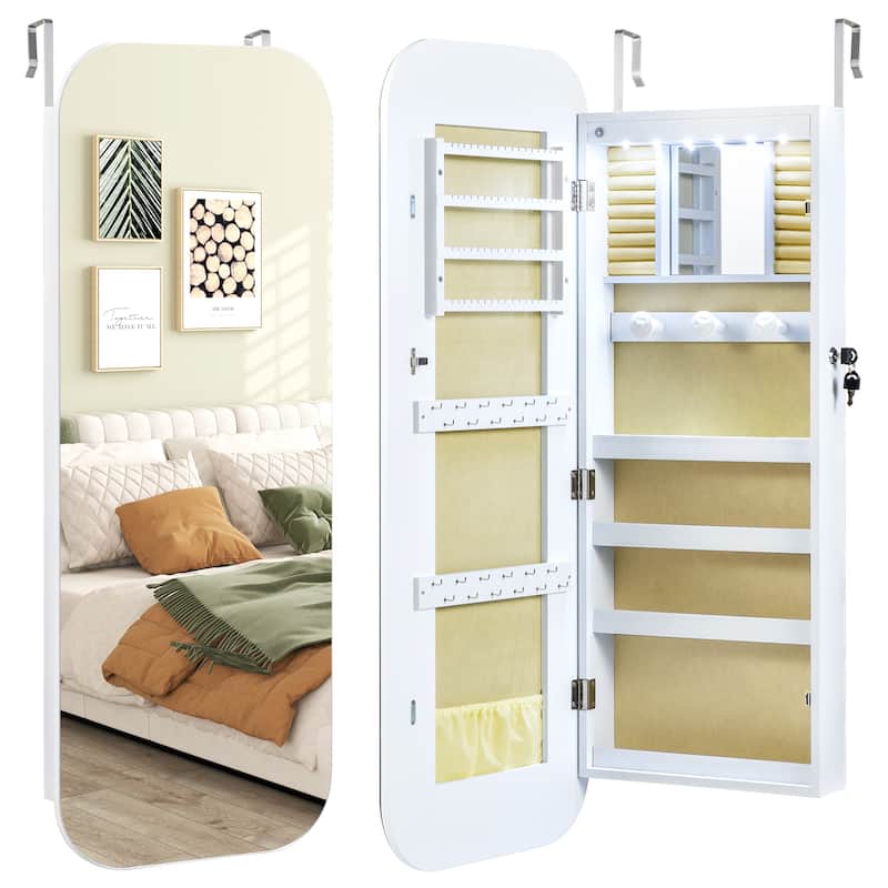 Wall Mounted or Door Hanging Jewelry Cabinet with LED Lights and Full-Length Mirror White - 16.5" x 10" x 42.5" (L x W x H)