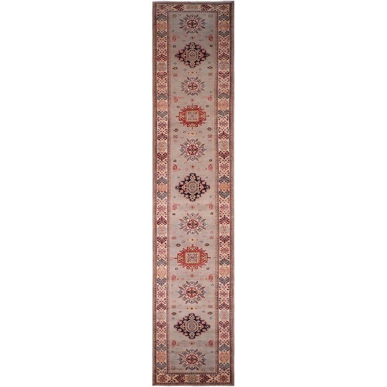 Tribal Kazak Mollie Gray/Beige Wool Runner - 2'11'' x 16'10''