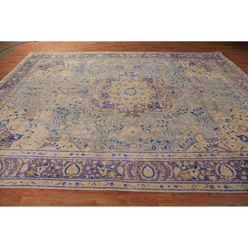 Floral Blue Medallion Tabriz Persian Area Rug Hand-Knotted Wool Carpet - 9'5"x 12'4"