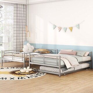 Industrial Modern Full over Full Metal Bunk Bed with Trundle, Save Space or Split Into 2 Beds, Crafted For Safety, Silver