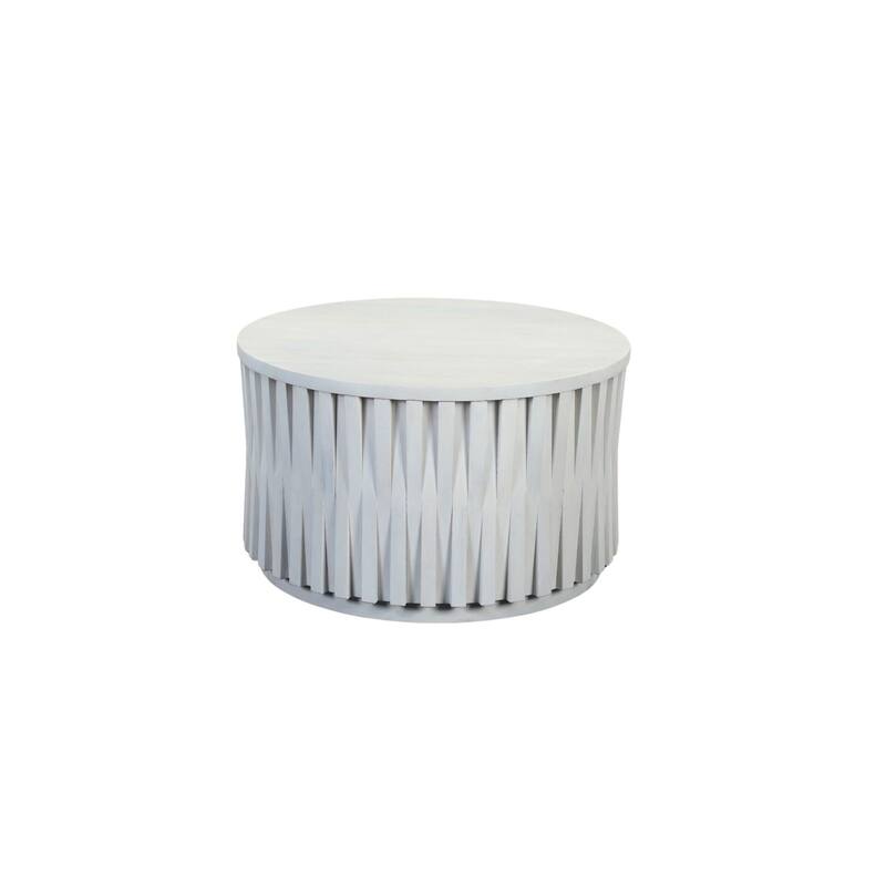 30" White Wooden Coffee Table - Round Shape Hi-Lo Vertical Woven Slats Accent Table
