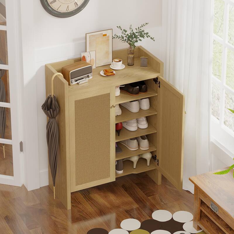 Anmytek Walnut Rattan Shoe Cabinet with Doors and 6 Tier Adjustable Shelves Wooden Entryway Shoe Organizer