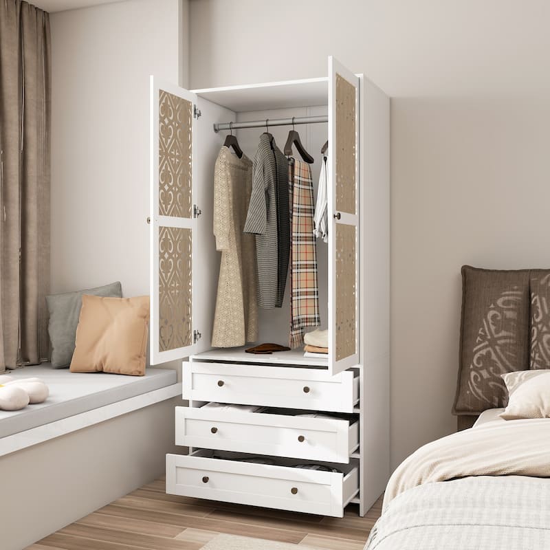 Anmytek Wood-White Hollow Pattern Wardrobe - 2 Door 3 Drawer Storage Cabinet for Bedroom & Dressing Room