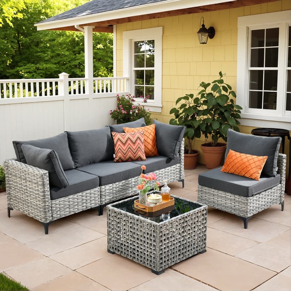 OVIOS 5 Pieces Outdoor Wicker Furniture Set With Solar-Powered Coffee Table