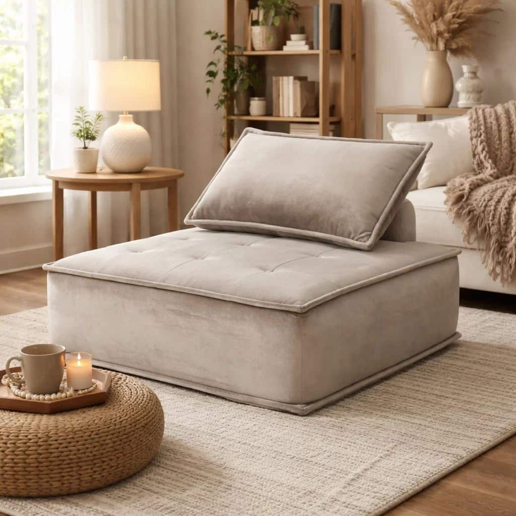 Nob 40 Inch Armless Lounge Chair, Tufted Seat, Pillow Back, Gray Velvet