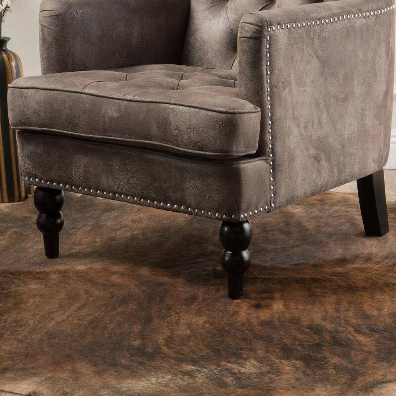 Modern 28" Upholstered Button Tufted Club Chair with Nailheads and Birch Wood Legs