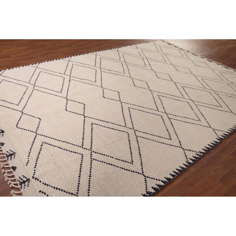 Trellis Geometric Ivory Moroccan Area Rug Handmade Wool Carpet - 7'11"x 10'9"