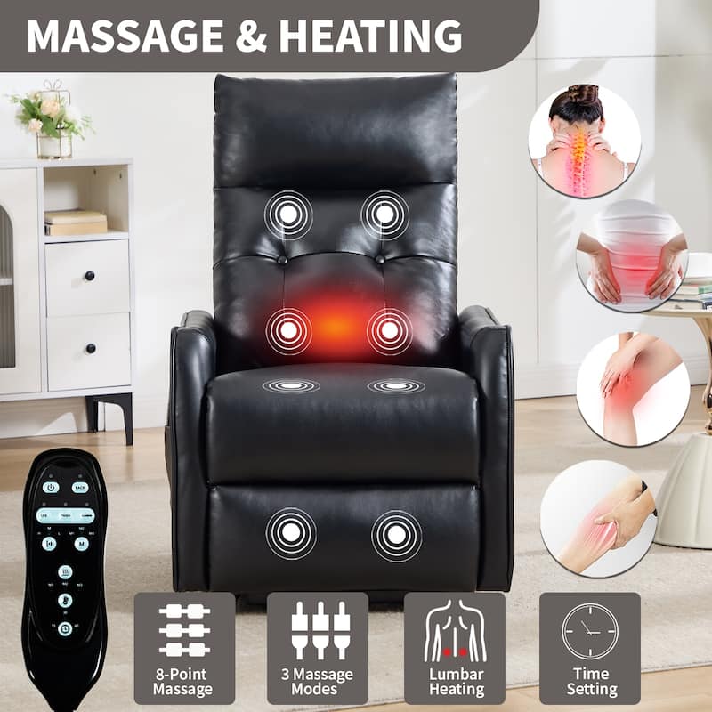 PU Leather Recliner with Single Motor Lift Massage Heat and 155 Degree Recline