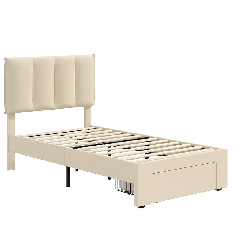 VECELO Set of 2 Kids Bed Frame with Storage Drawer Height Adjustable Upholstered Bed Twin Size Bed