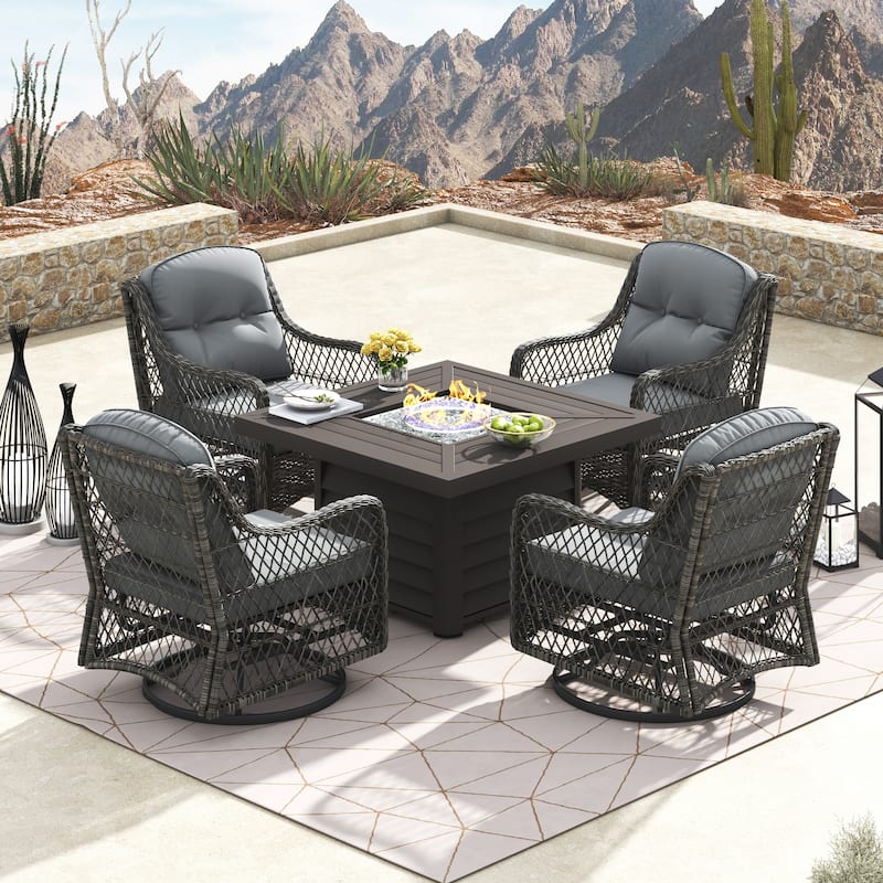 Corvus Vasconia 5pc Outdoor Resin Wicker Swivel Chat Set with Fire table