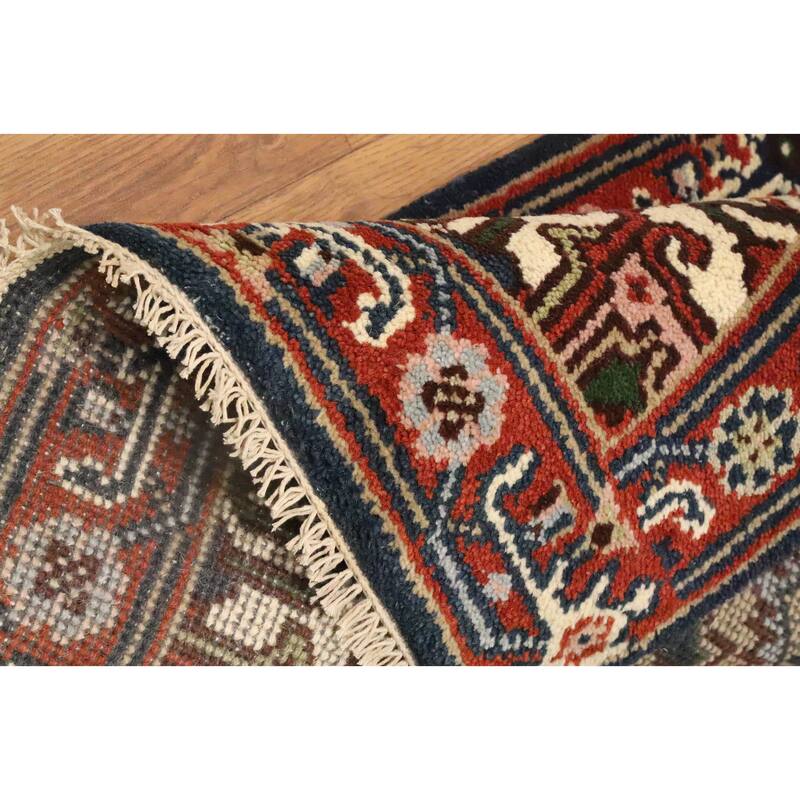 Hand Knotted Oriental 100% Wool Carpet Traditional Geometric Navy Blue & Blues Heriz (serapi) Runner Rug - 8' 4'' X 2' 5''