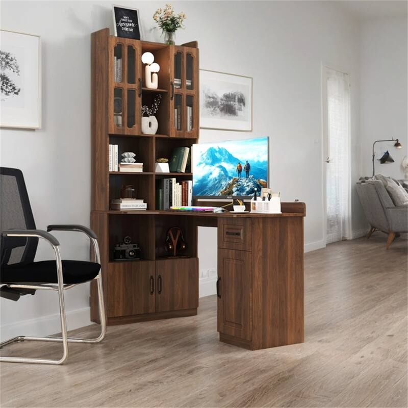 2-in-1 L Shaped Computer Desk with Drawers, Bookshelf and Hutch