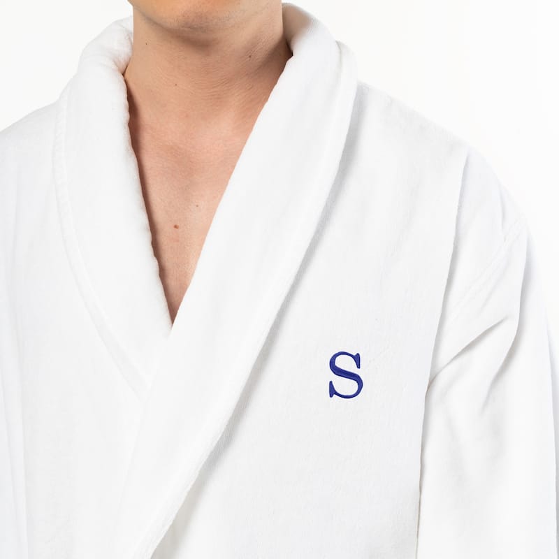 Authentic Hotel and Spa 100% Turkish Cotton Personalized Unisex Anovia Velour Bathrobe - Navy Block Font