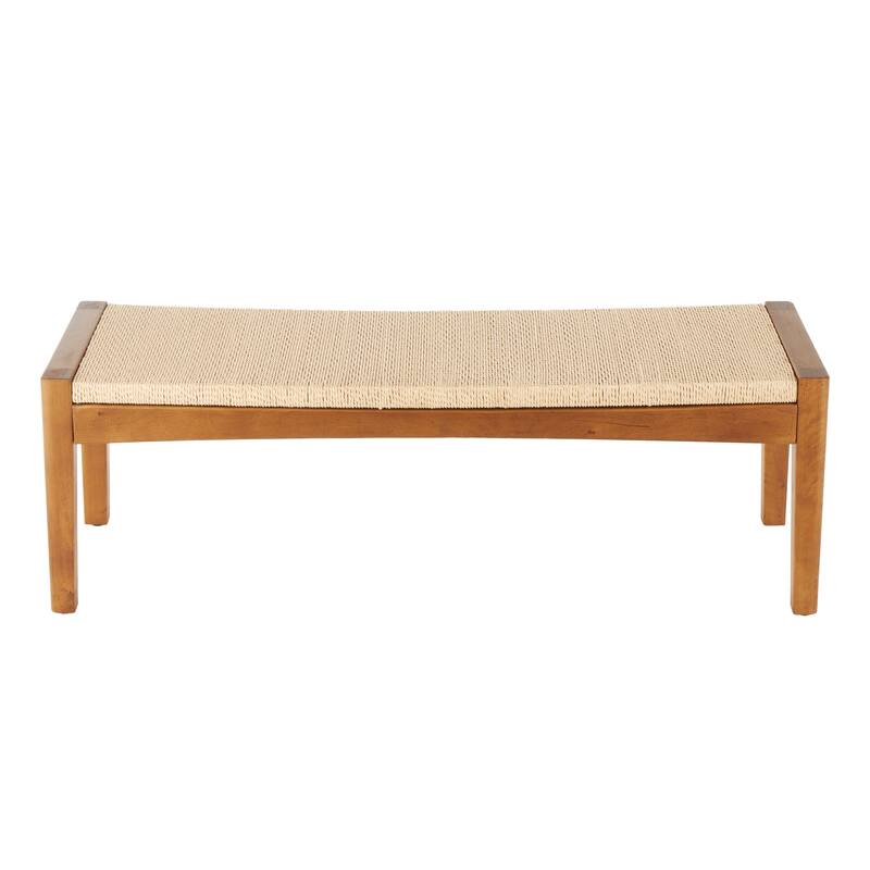 Brown Wood Handmade Traditional Bench with Rope Wrapped Seat