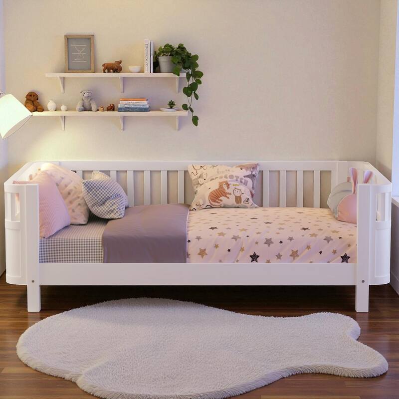 Wood Twin/Full Size Platform Bed with Safety Rails, Low Profile Kids Bed Frame for Girls and Boys