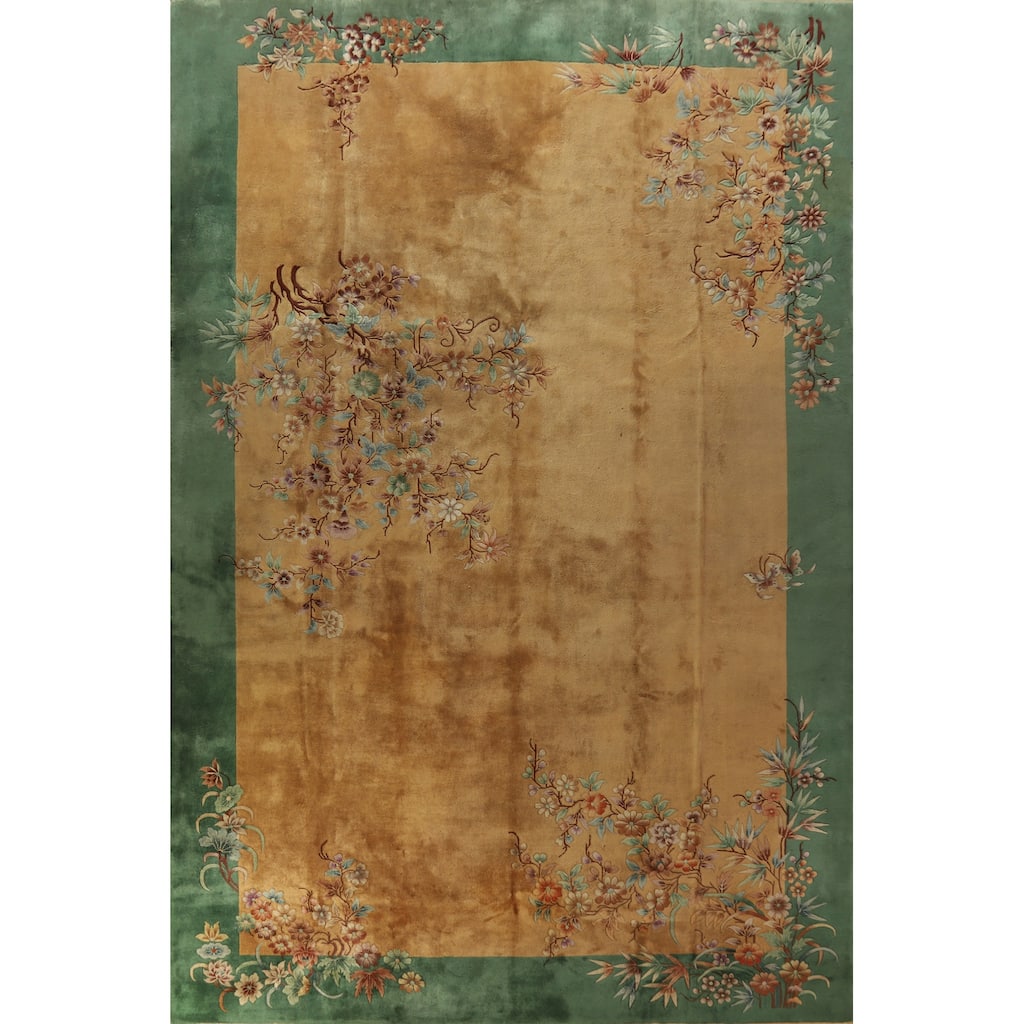 Hand Knotted Oriental 100% Wool Carpet Traditional Floral Yellow & Gold Art Deco Area Rug - 17' 9'' X 11' 10''