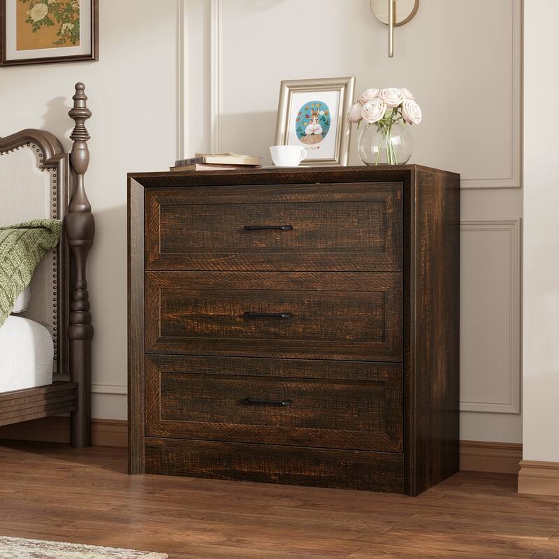 Modern 3-Drawer Wood Dresser for Bedroom, Wide Storage Chest with Metal Handles, Nightstand Cabinet