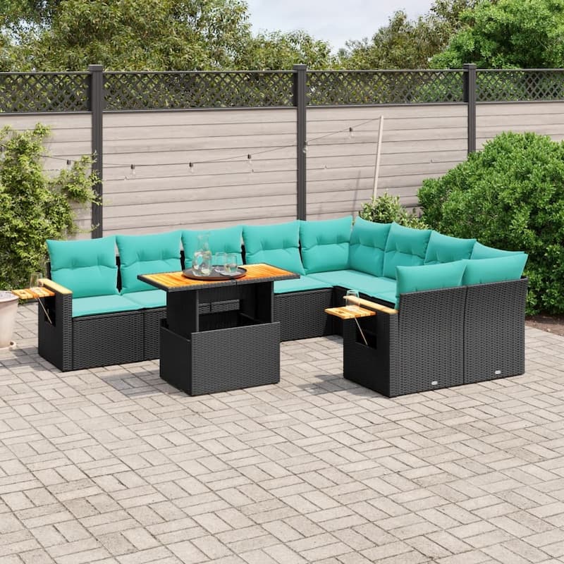 vidaXL Patio Sofa Set with Cushions Outdoor Furniture 10 Piece Poly Rattan - 21.7 x 24.4 x 27.2 - Black