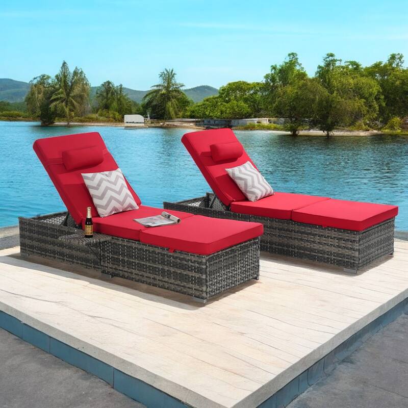 Outdoor Chaise Lounge Chair Set of 2 with Cushions and Adjustable Backrest – PE Rattan Recliners for Patio, Poolside, Garden