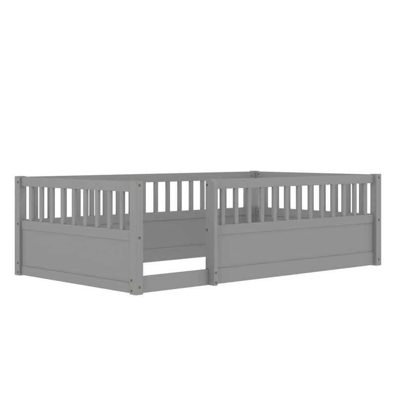 Solid Wood Floor Bed Frame without Slats, Montessori Kids Floor Beds with Full Length Fence, No Box Spring Needed