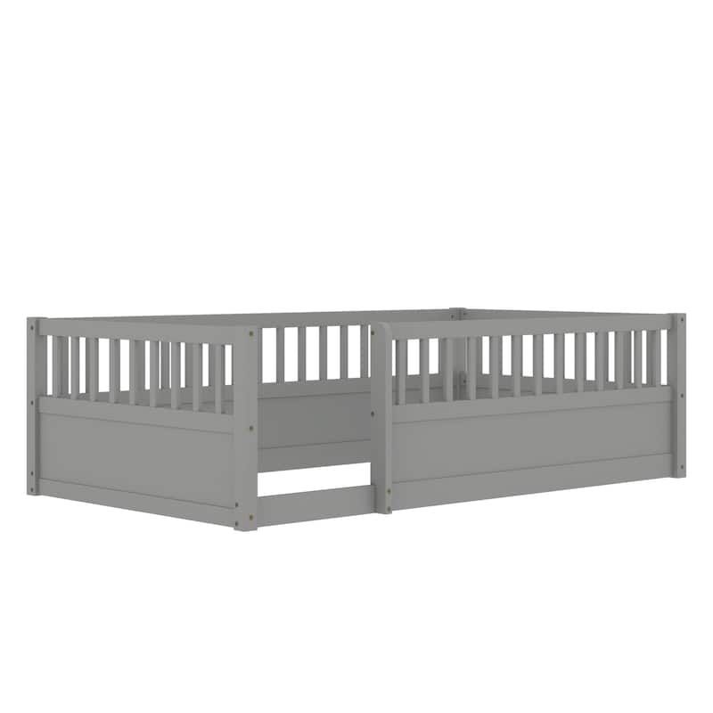 Twin Floor Bed Frame with Fence, Montessori wooden children's floor bed,Wood Kids Floor Beds Frame for Bedroom Playroom